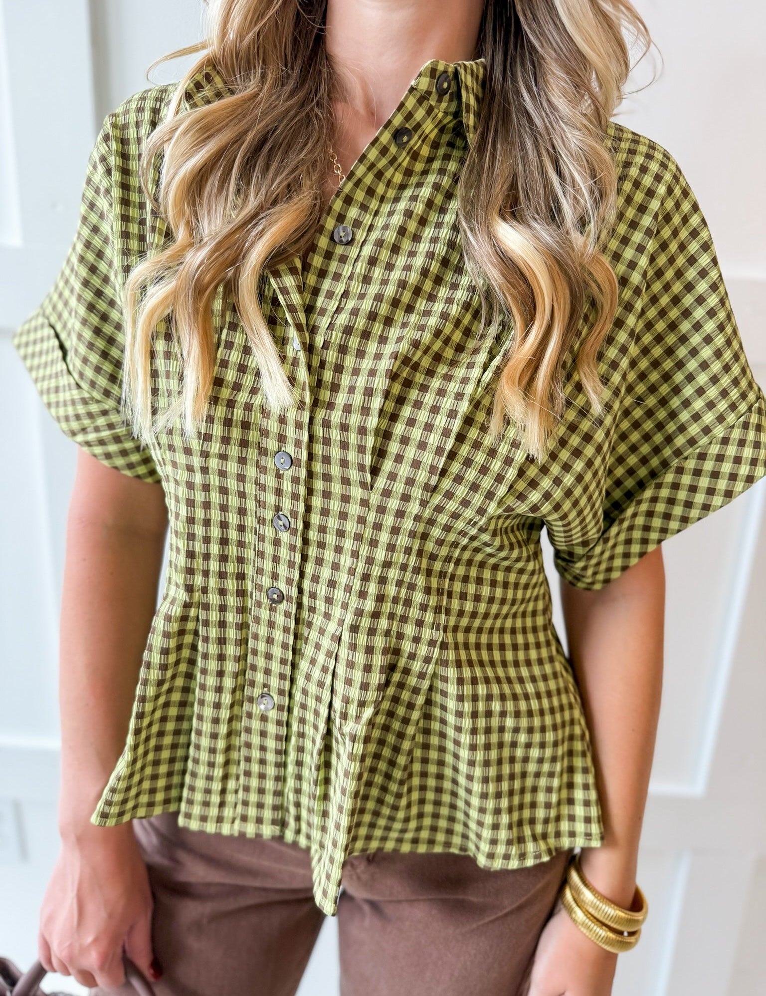 Gingham Pleated Waist Top - Matcha