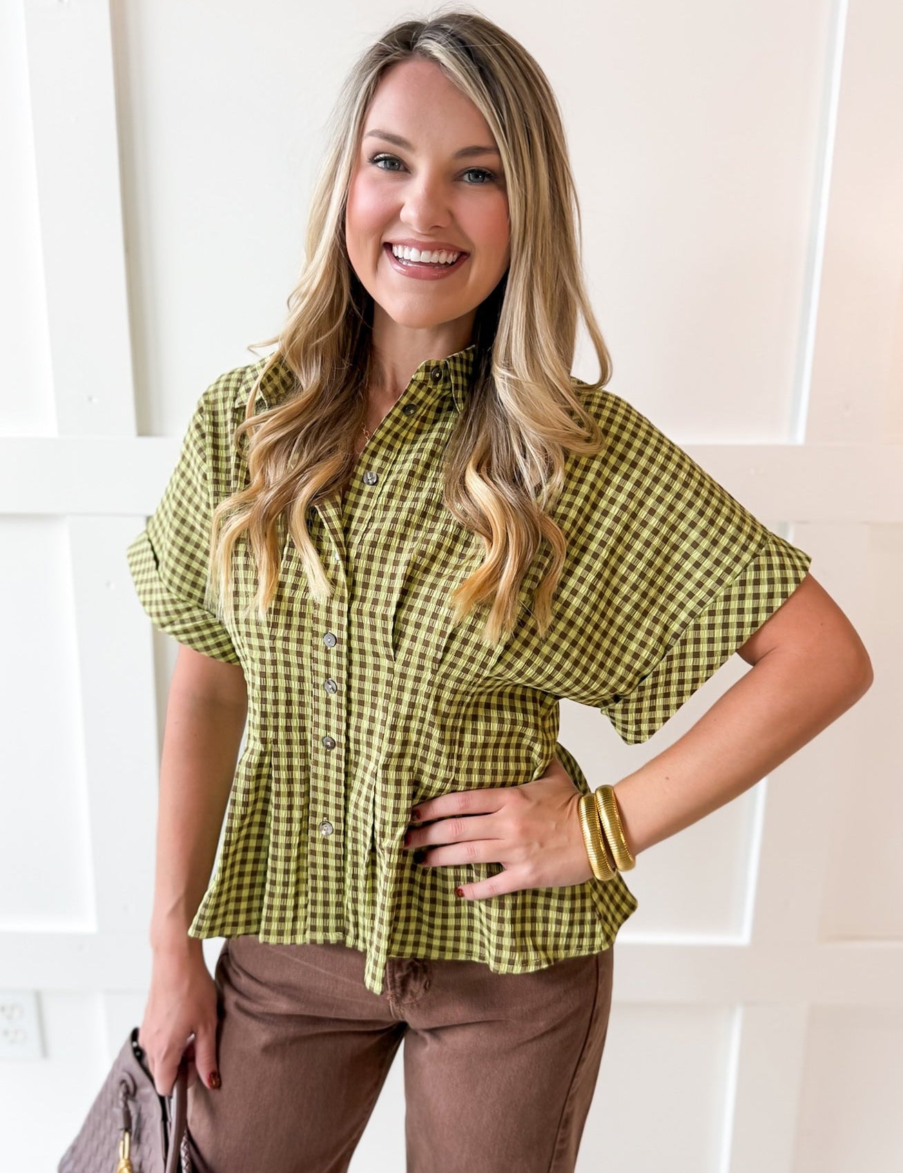 Gingham Pleated Waist Top - Matcha