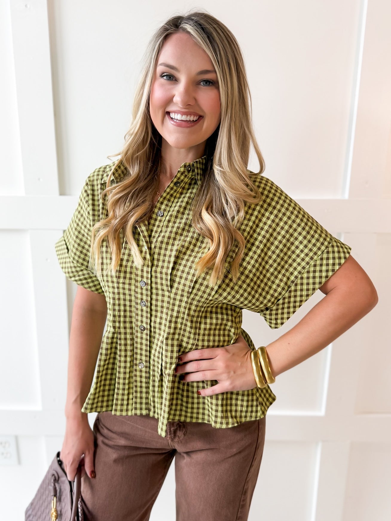 Gingham Pleated Waist Top - Matcha