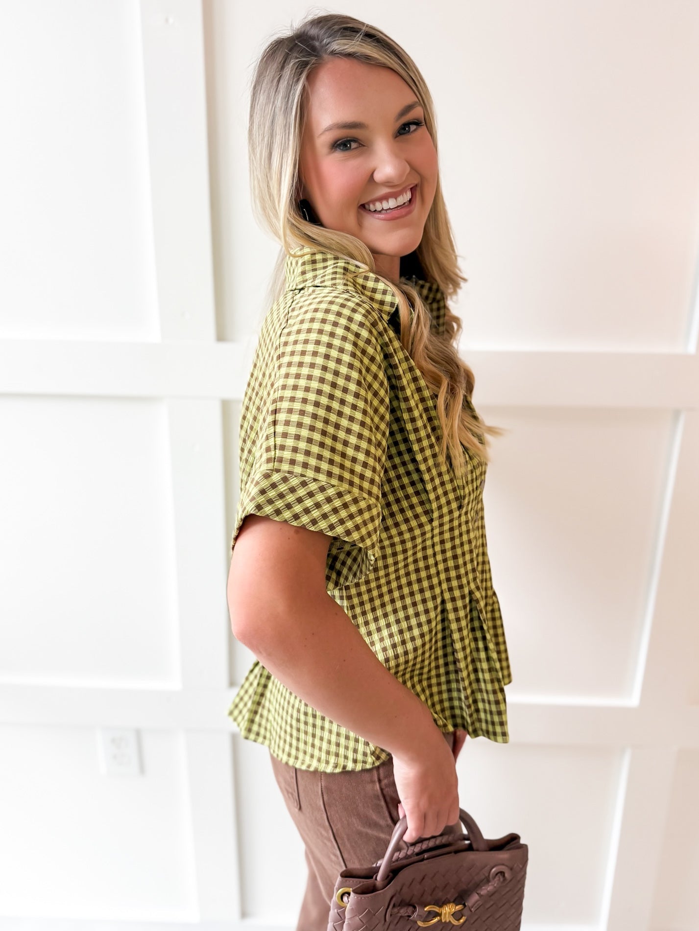 Gingham Pleated Waist Top - Matcha