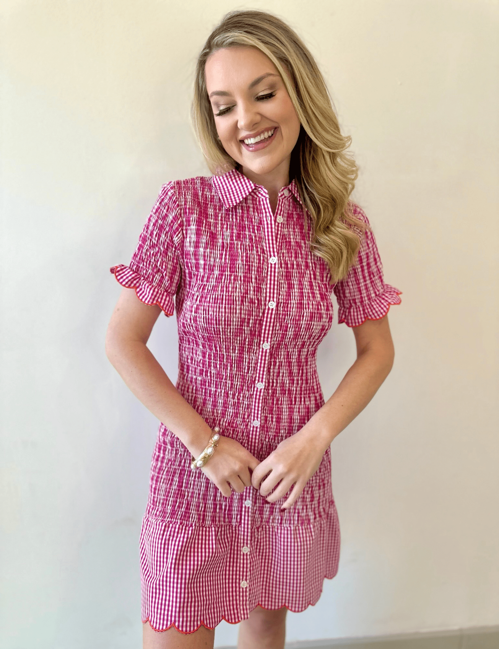 Gingham Smocked Button Down Dress