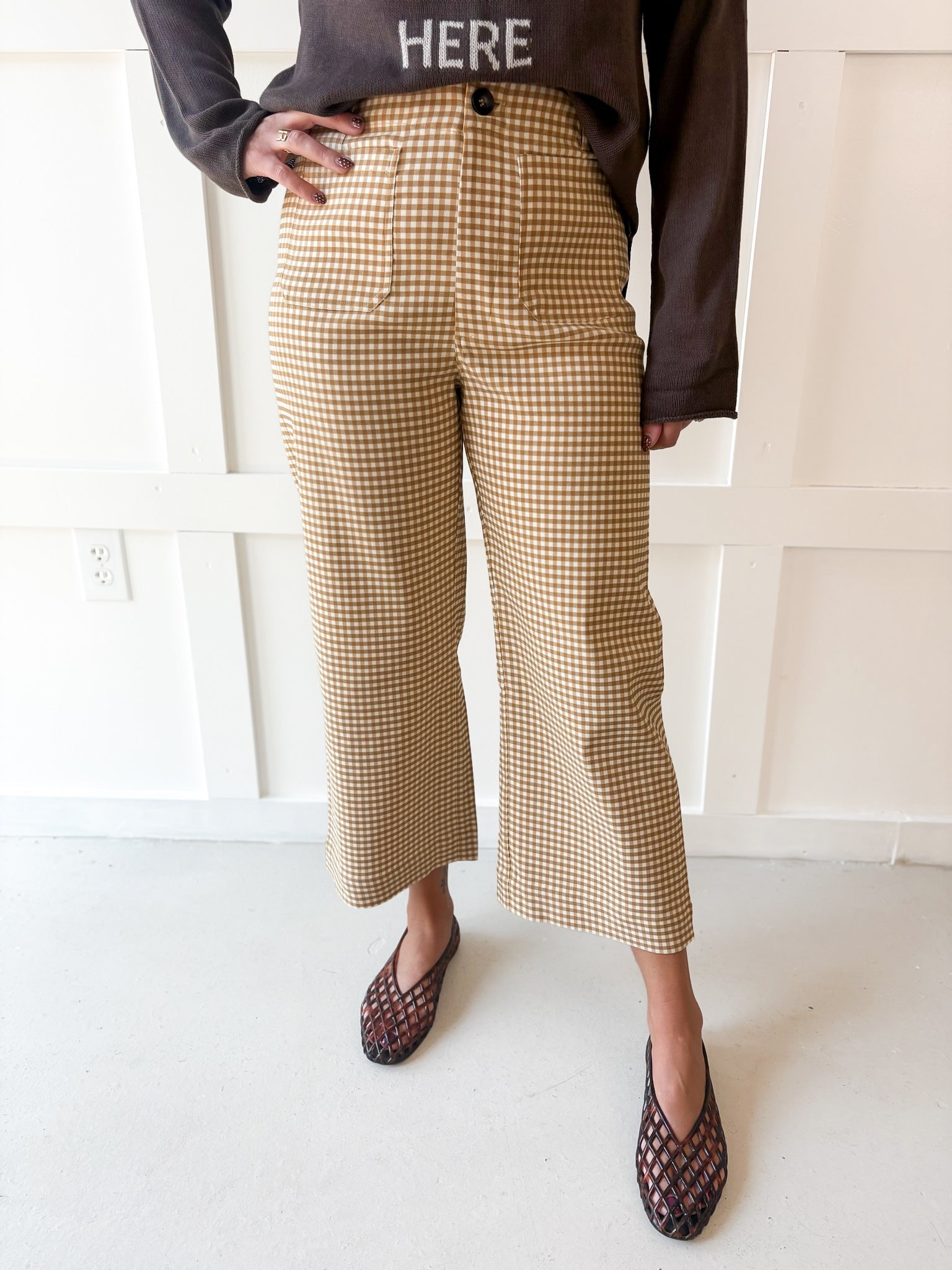 Gingham Straight Leg Pant- Toast