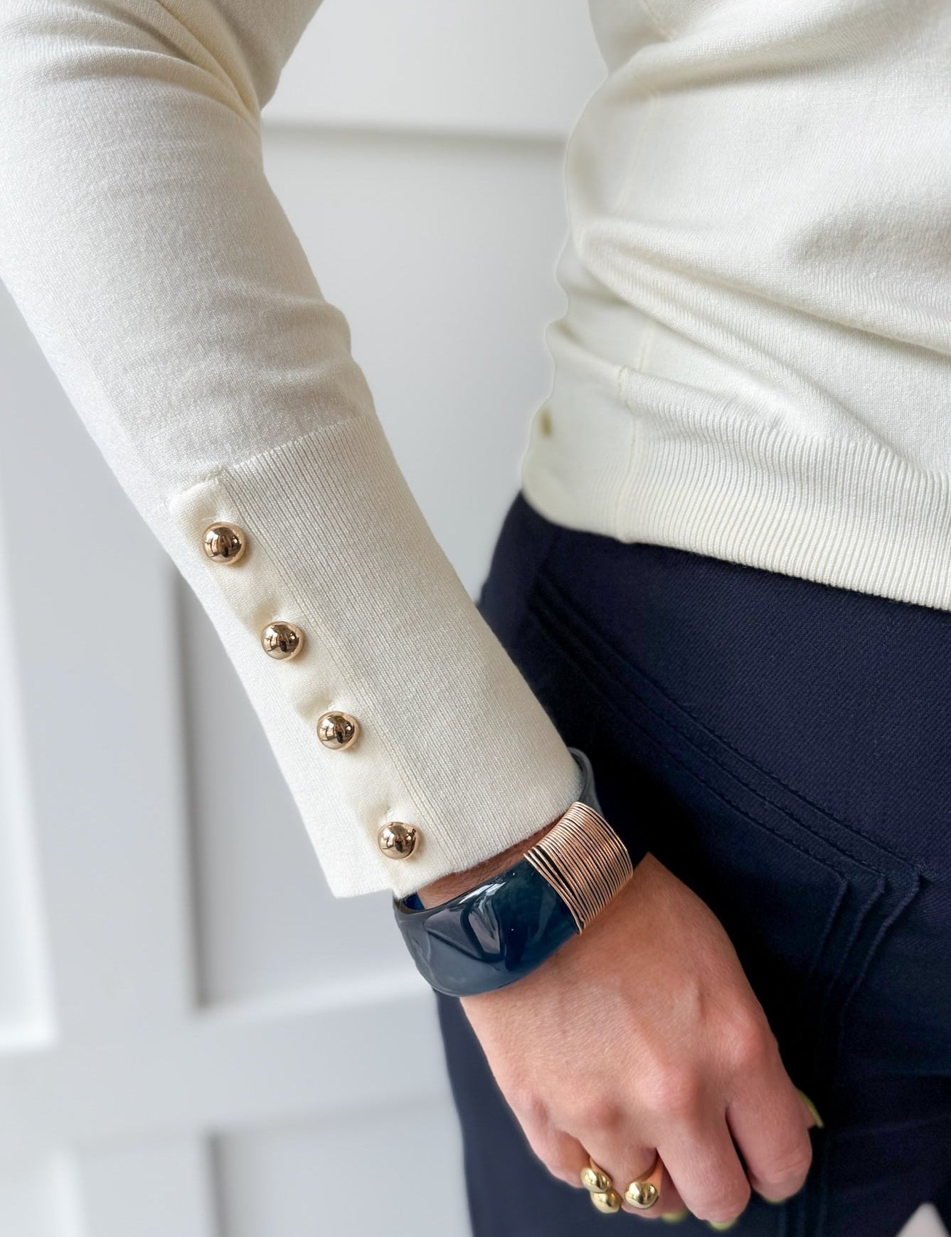 Gold Ball Accent Knit Top - Cream
