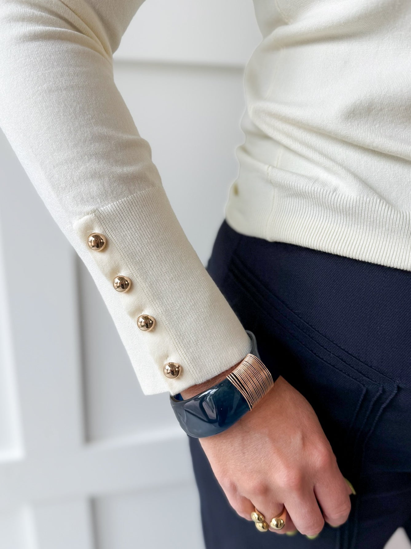 Gold Ball Accent Knit Top - Cream