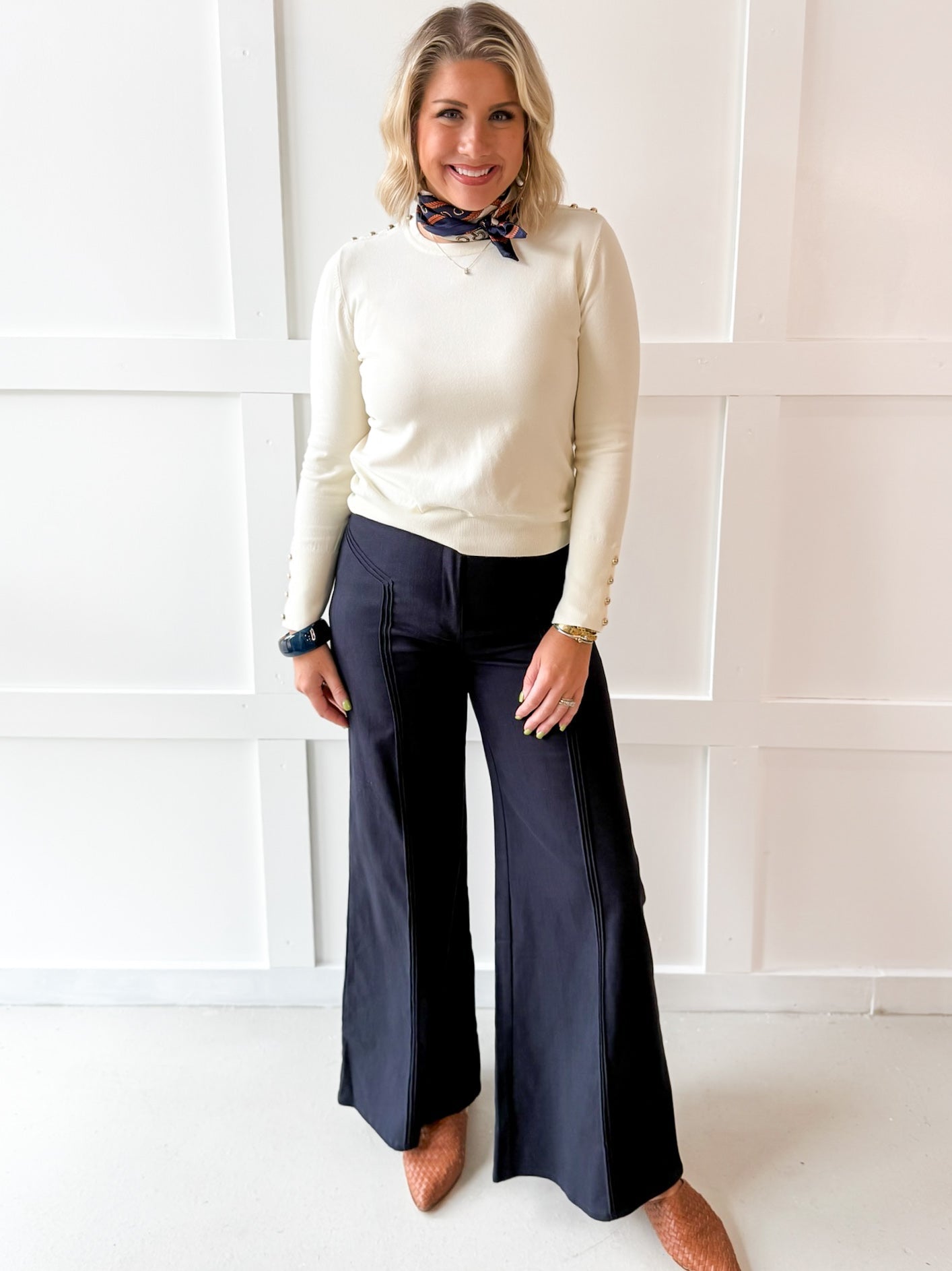 Gold Ball Accent Knit Top - Cream