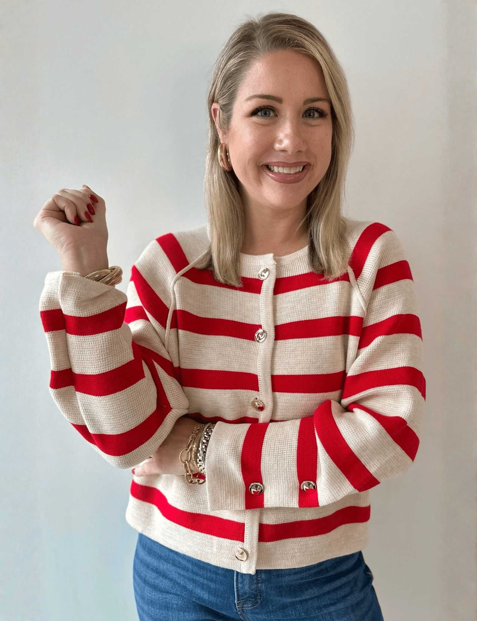 Gold Button Detail Stripe Raglan Sweater