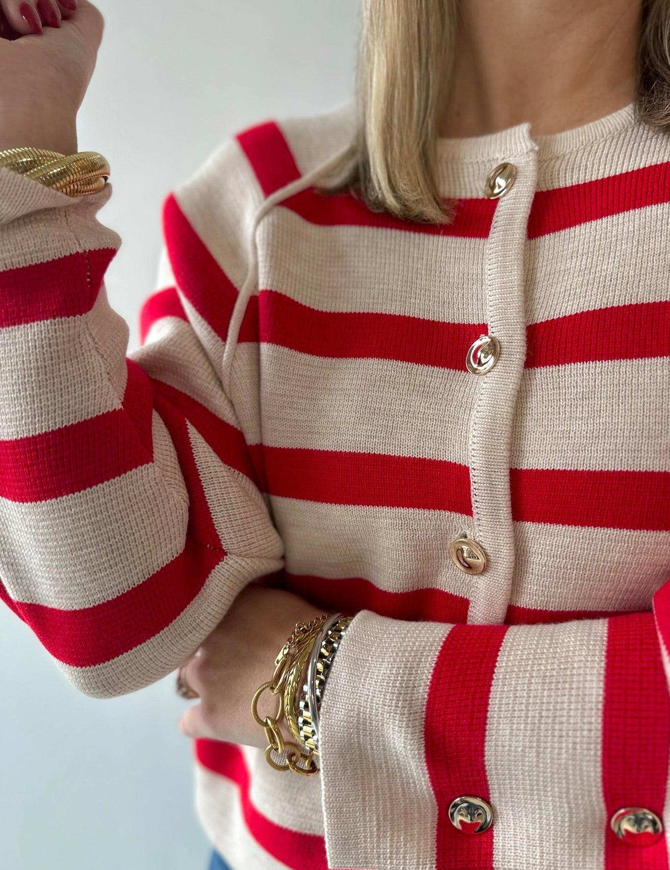 Gold Button Detail Stripe Raglan Sweater