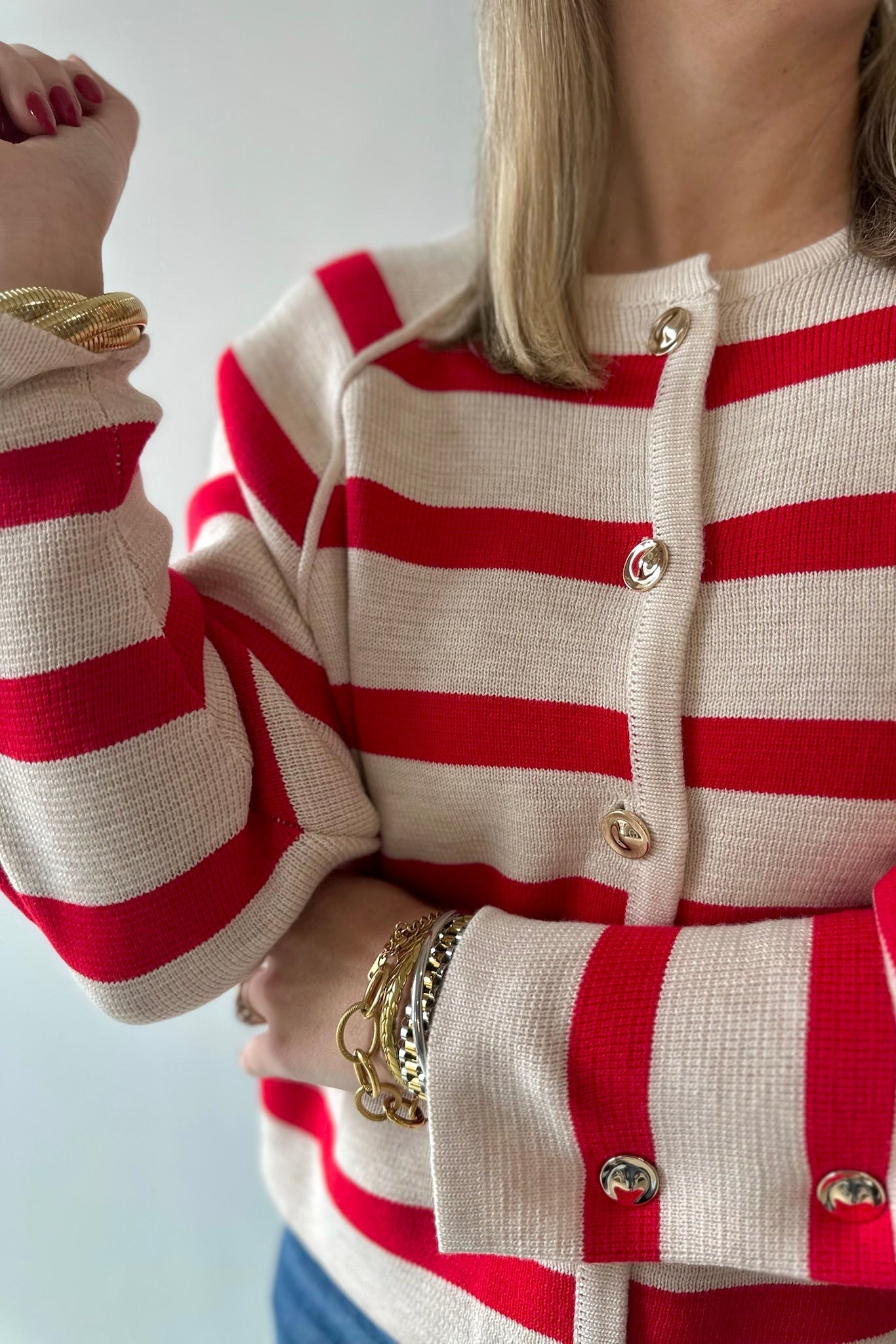 Gold Button Detail Stripe Raglan Sweater