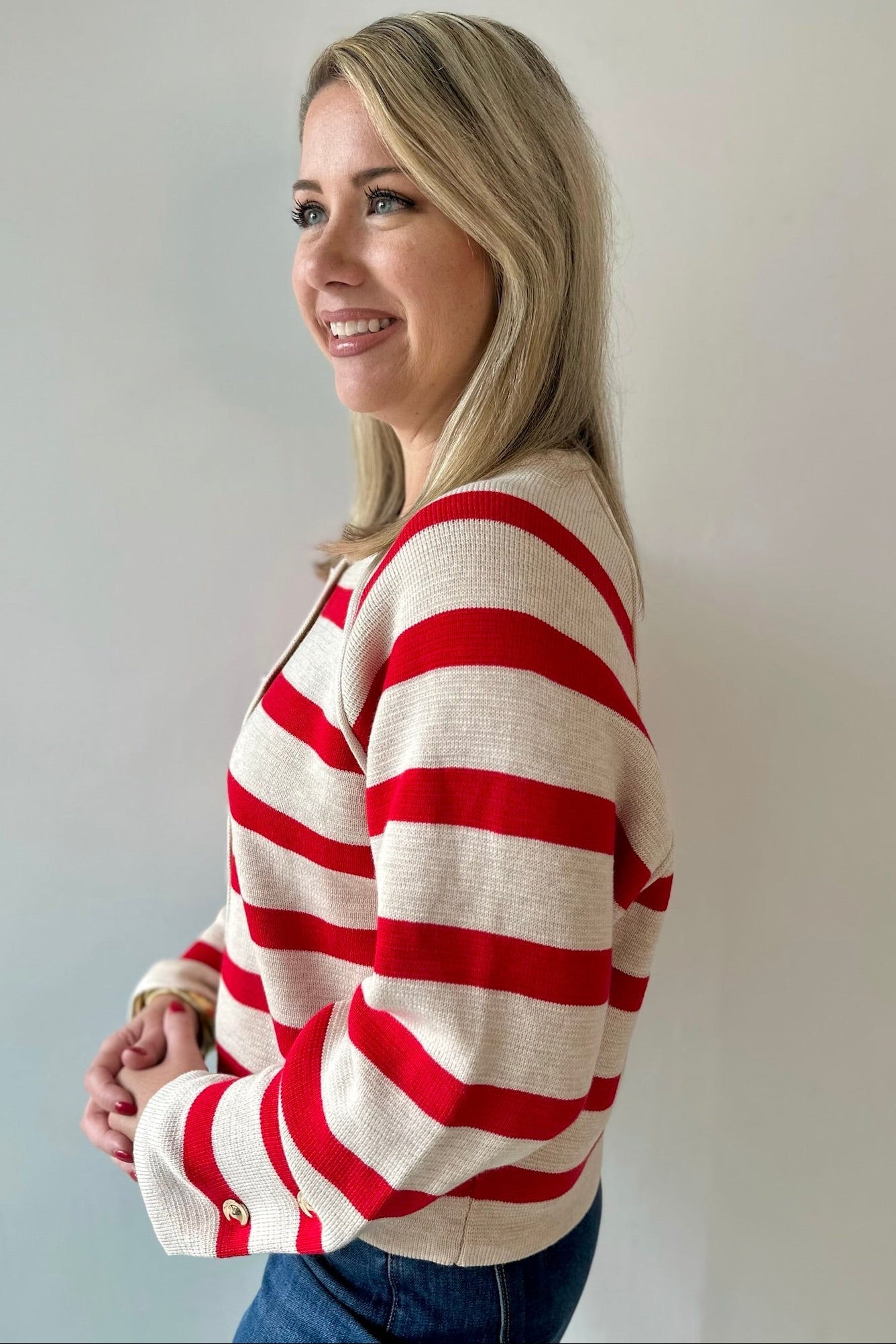 Gold Button Detail Stripe Raglan Sweater