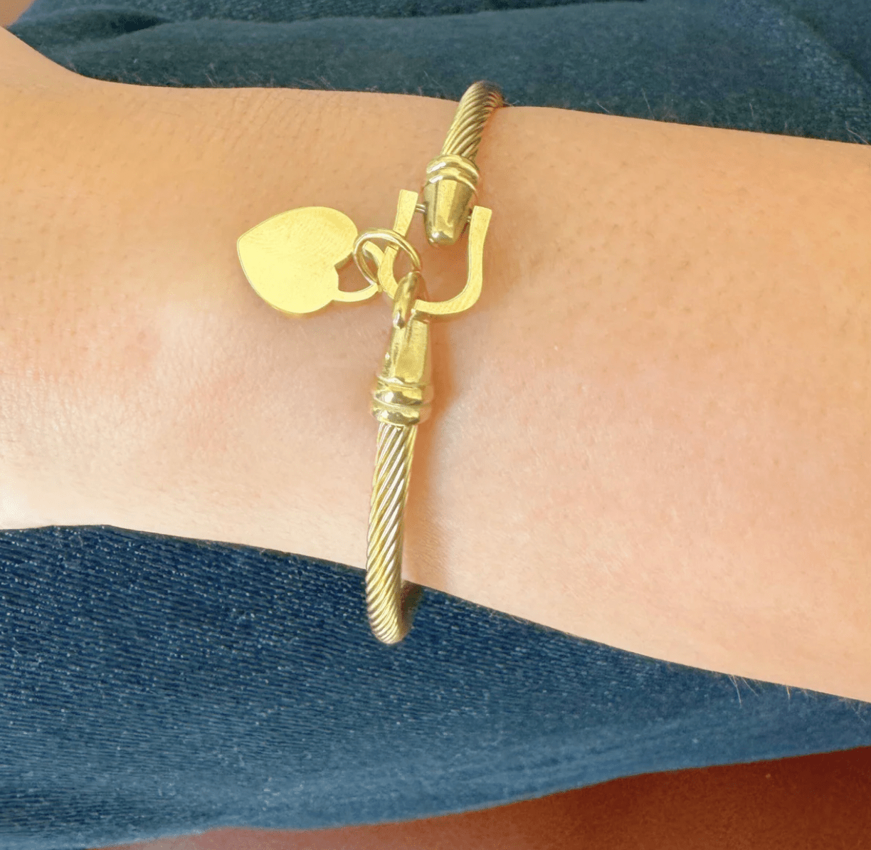 Gold Cable Bangle with Heart Charm