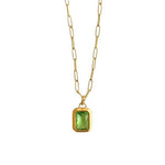 Gold Paperclip Necklace with Green Stone