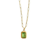 Gold Paperclip Necklace with Green Stone