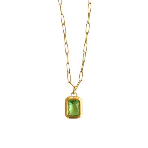 Gold Paperclip Necklace with Green Stone