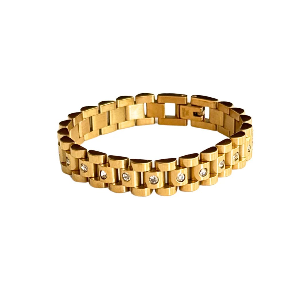 Gold Watchband Bracelet with Cubic Zirconia