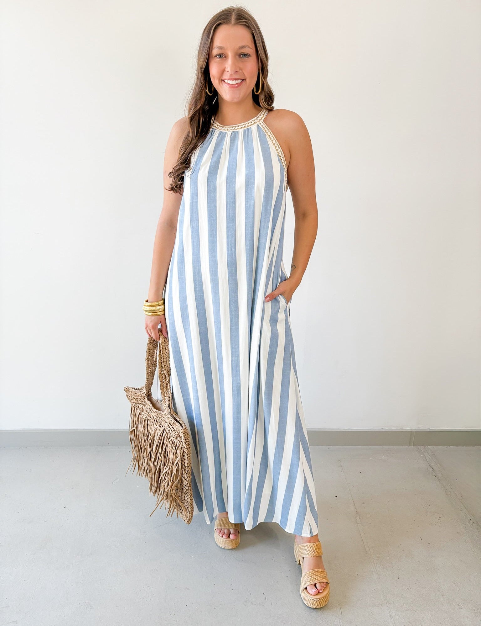 Halter Neck Striped Maxi Dress