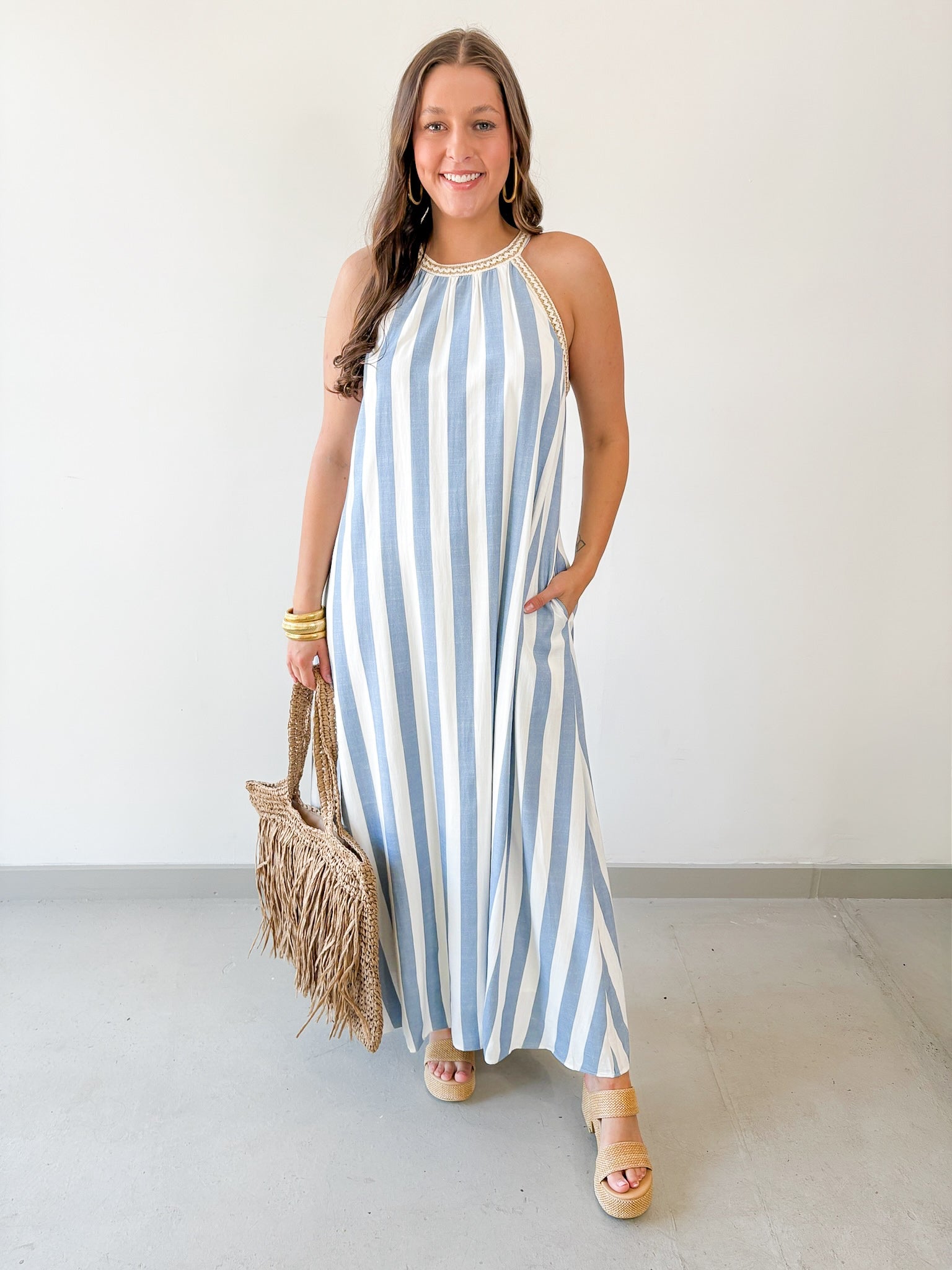 Halter Neck Striped Maxi Dress
