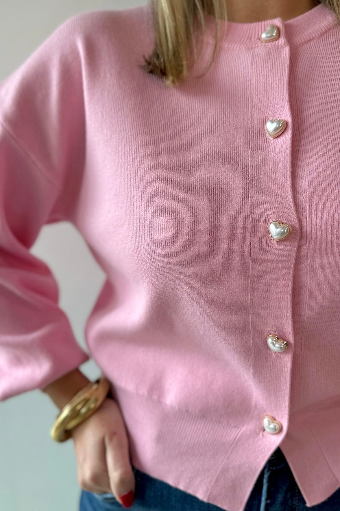 Heart Button Round Neck Cardigan