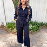 Heavy Twill Pleated Jumpsuit- Black