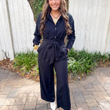 Heavy Twill Pleated Jumpsuit- Black
