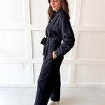 Heavy Twill Pleated Jumpsuit- Black