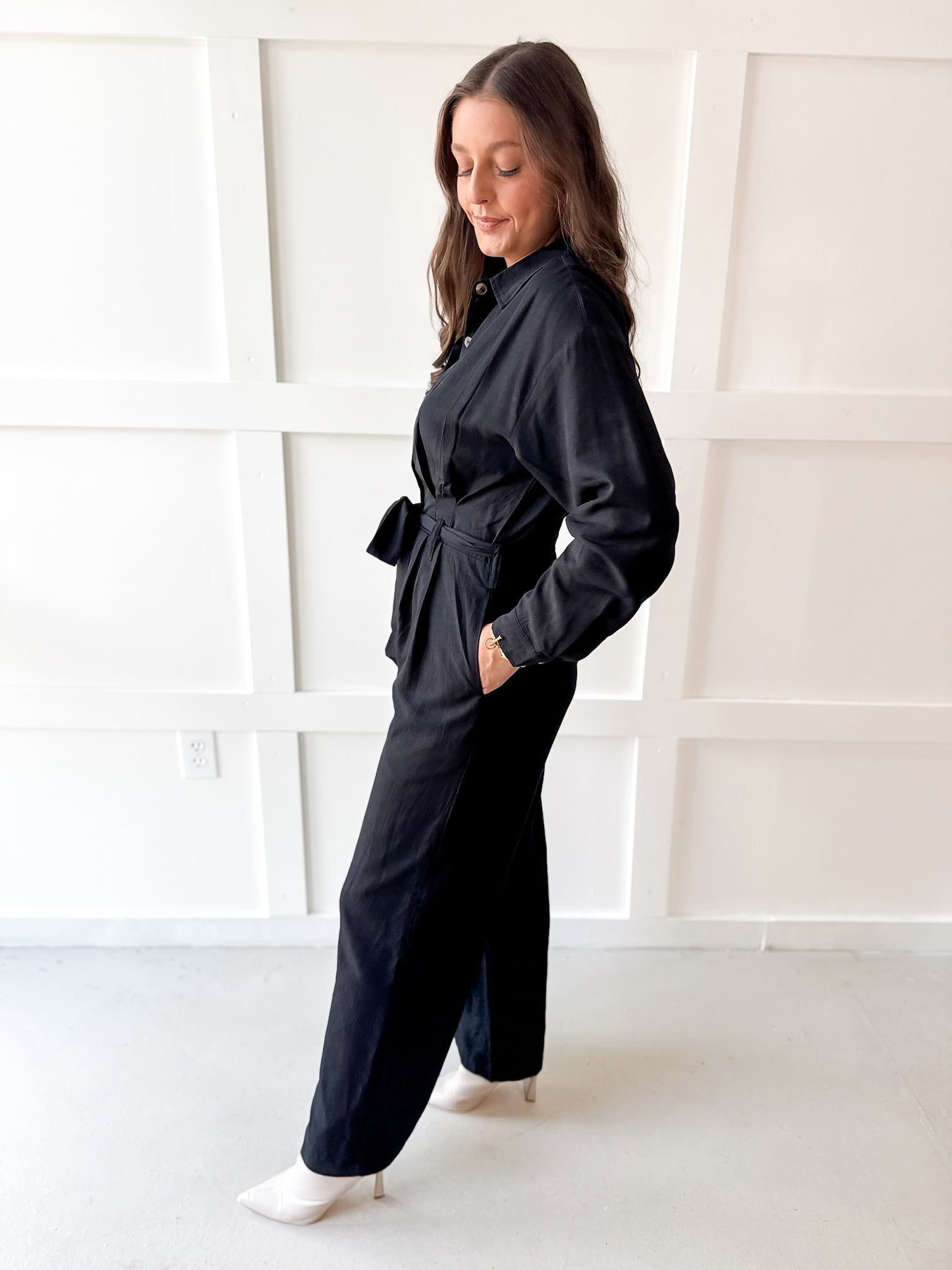 Heavy Twill Pleated Jumpsuit- Black