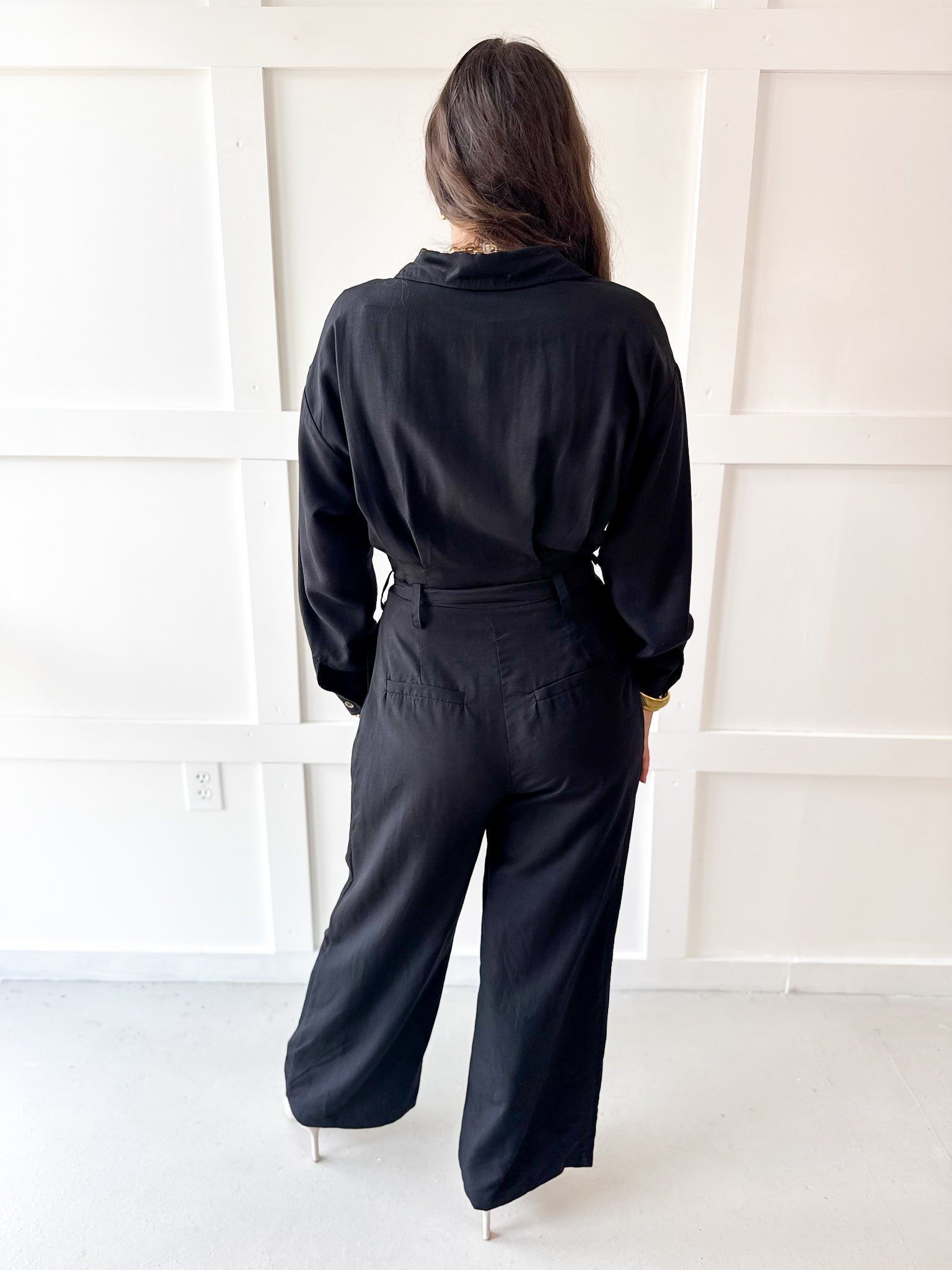 Heavy Twill Pleated Jumpsuit- Black