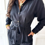 Heavy Twill Pleated Jumpsuit- Black