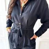 Heavy Twill Pleated Jumpsuit- Black