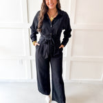 Heavy Twill Pleated Jumpsuit- Black