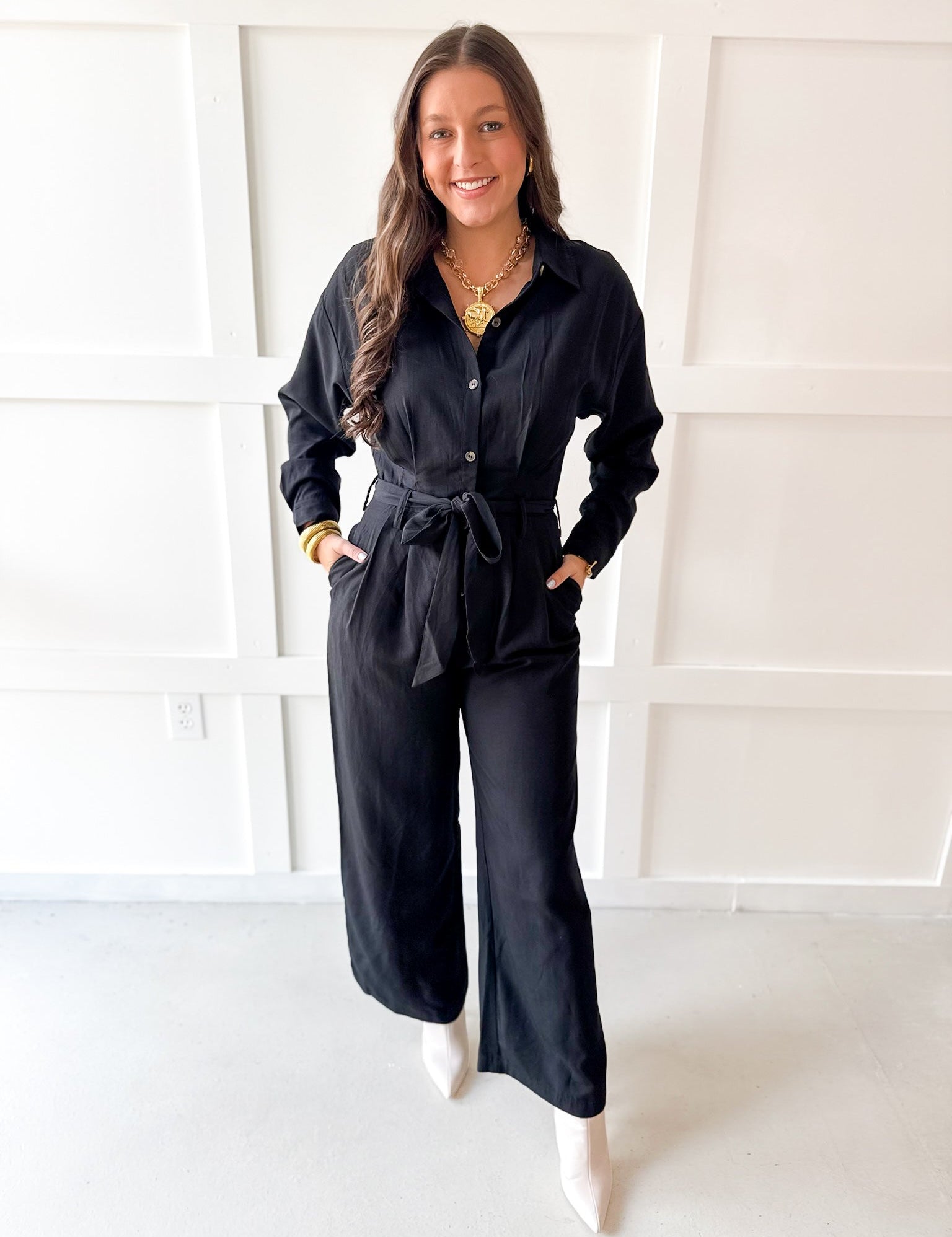 Heavy Twill Pleated Jumpsuit- Black