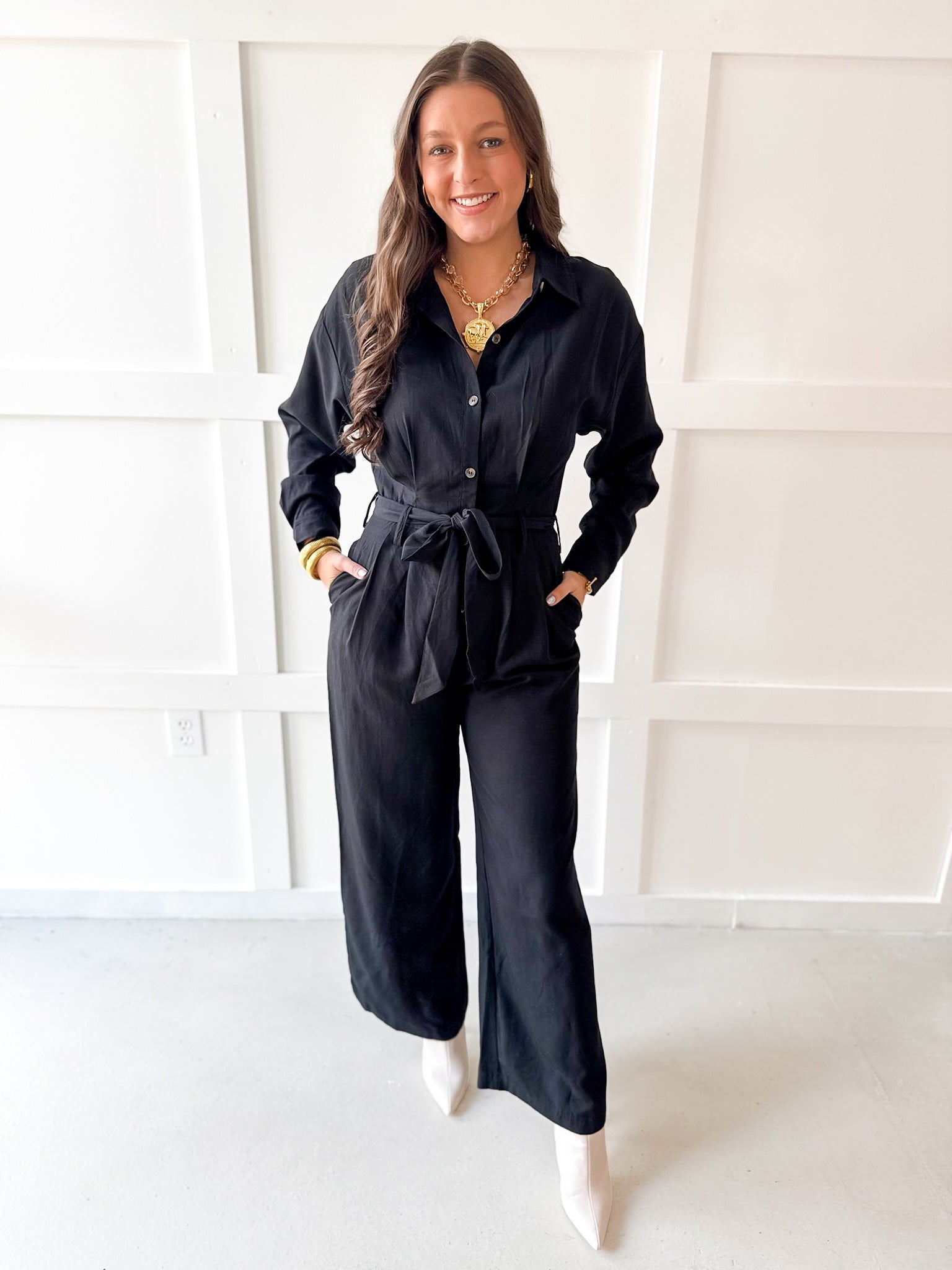 Heavy Twill Pleated Jumpsuit- Black