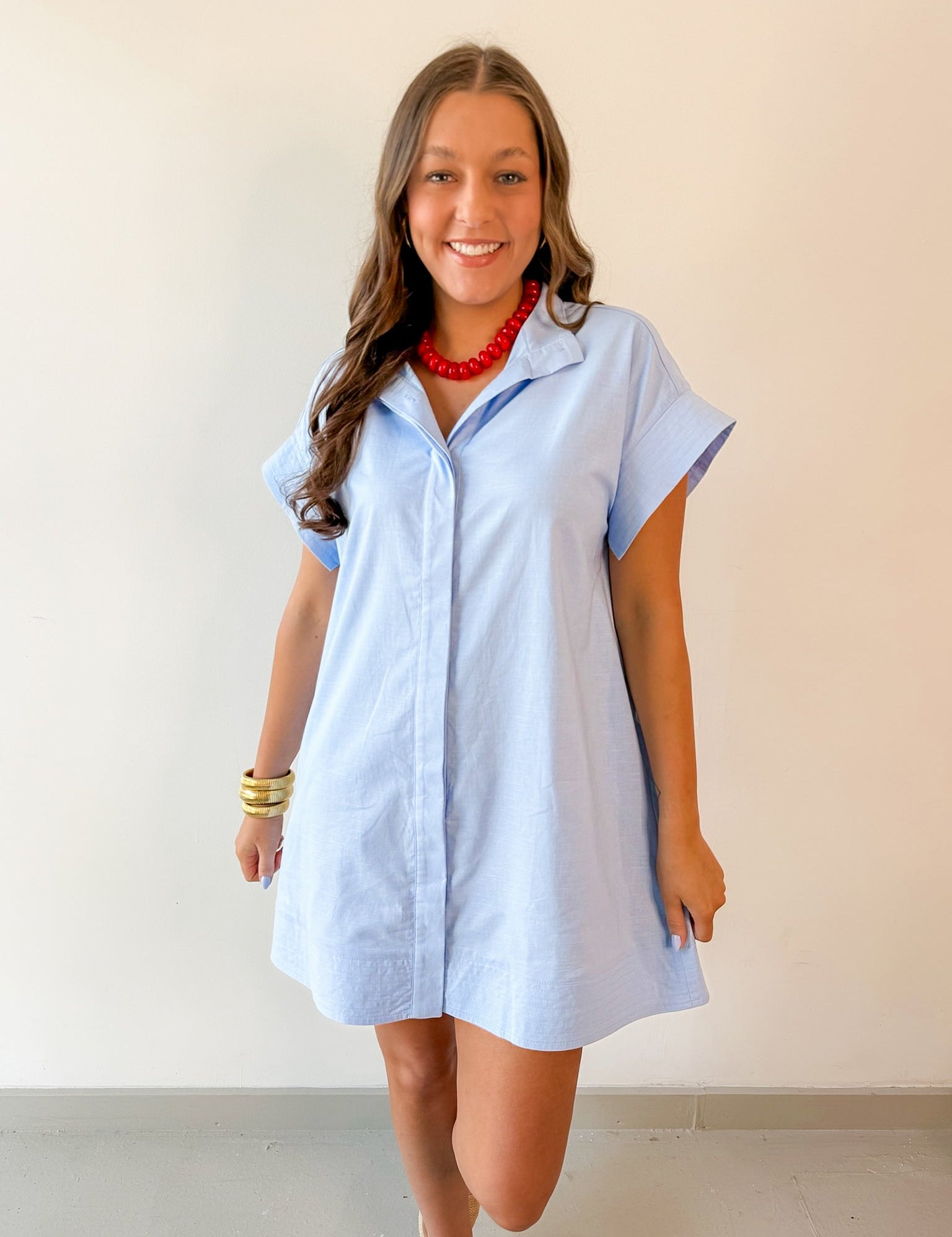 Hidden Button Placket Dress - Chambray