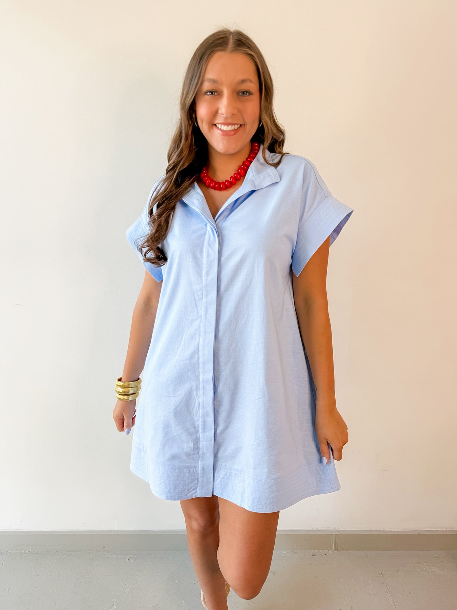 Hidden Button Placket Dress - Chambray