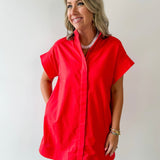 Hidden Button Placket Dress - Red