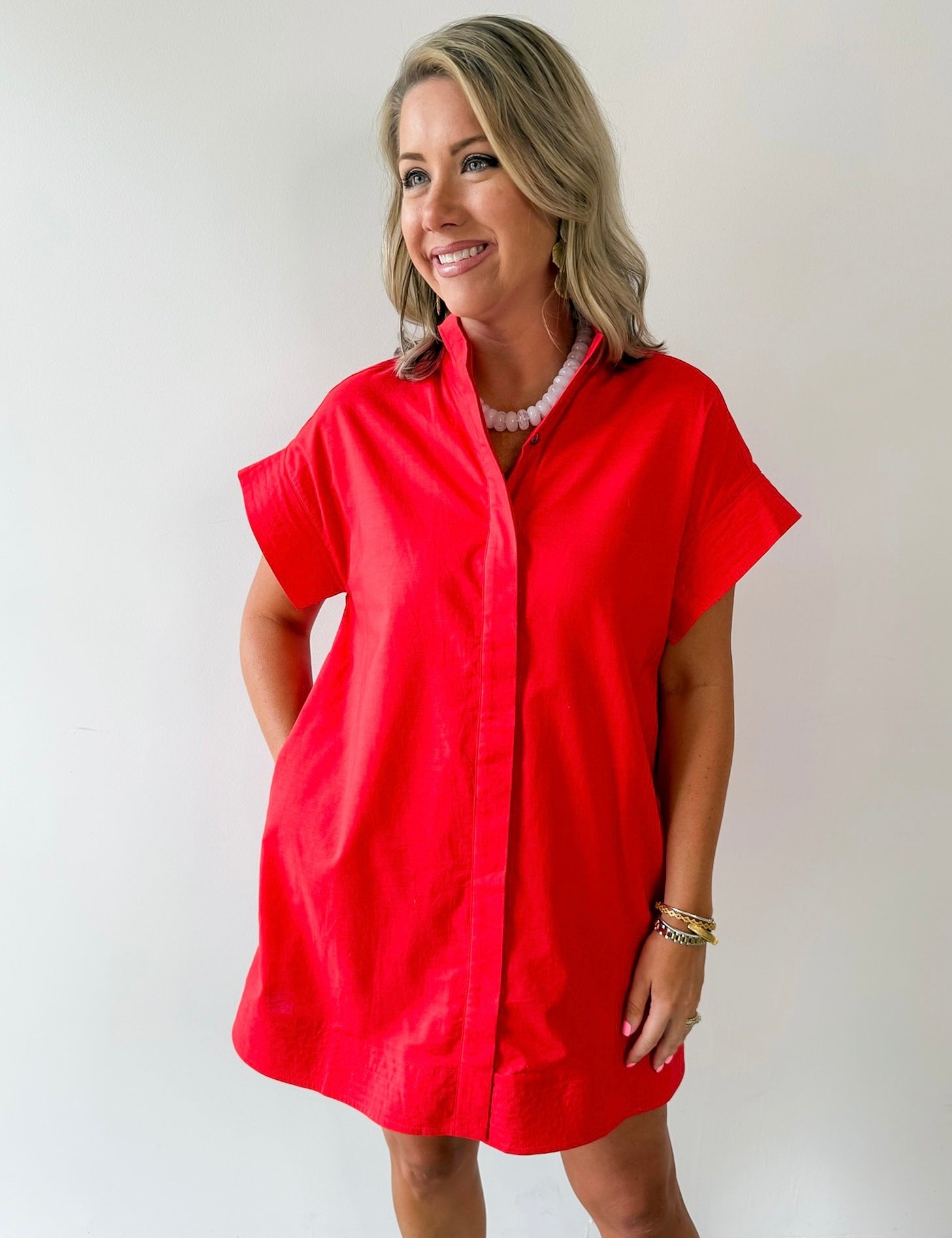 Hidden Button Placket Dress - Red