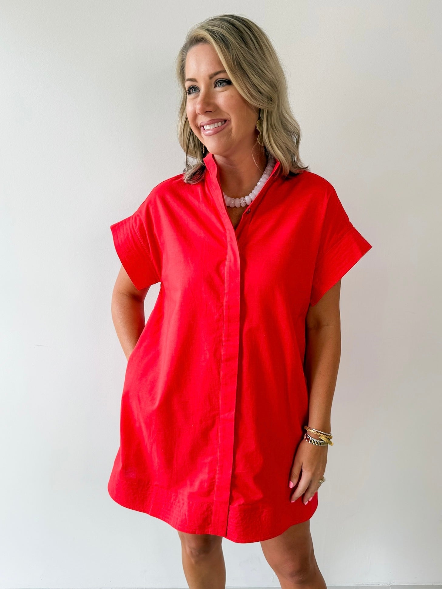Hidden Button Placket Dress - Red