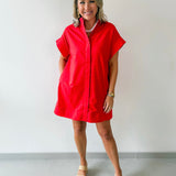 Hidden Button Placket Dress - Red