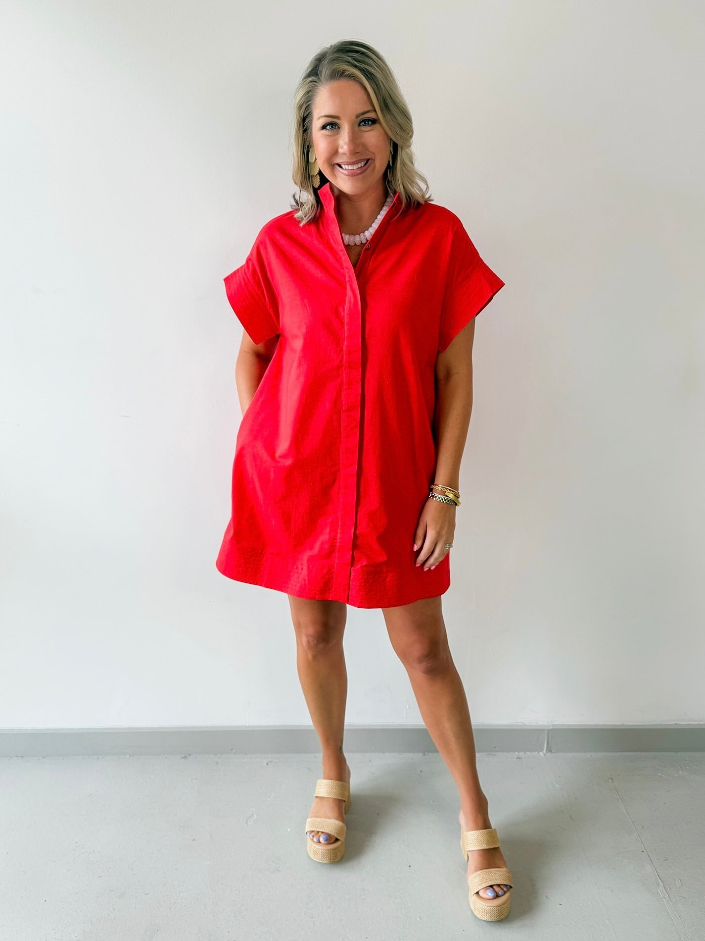 Hidden Button Placket Dress - Red