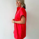 Hidden Button Placket Dress - Red