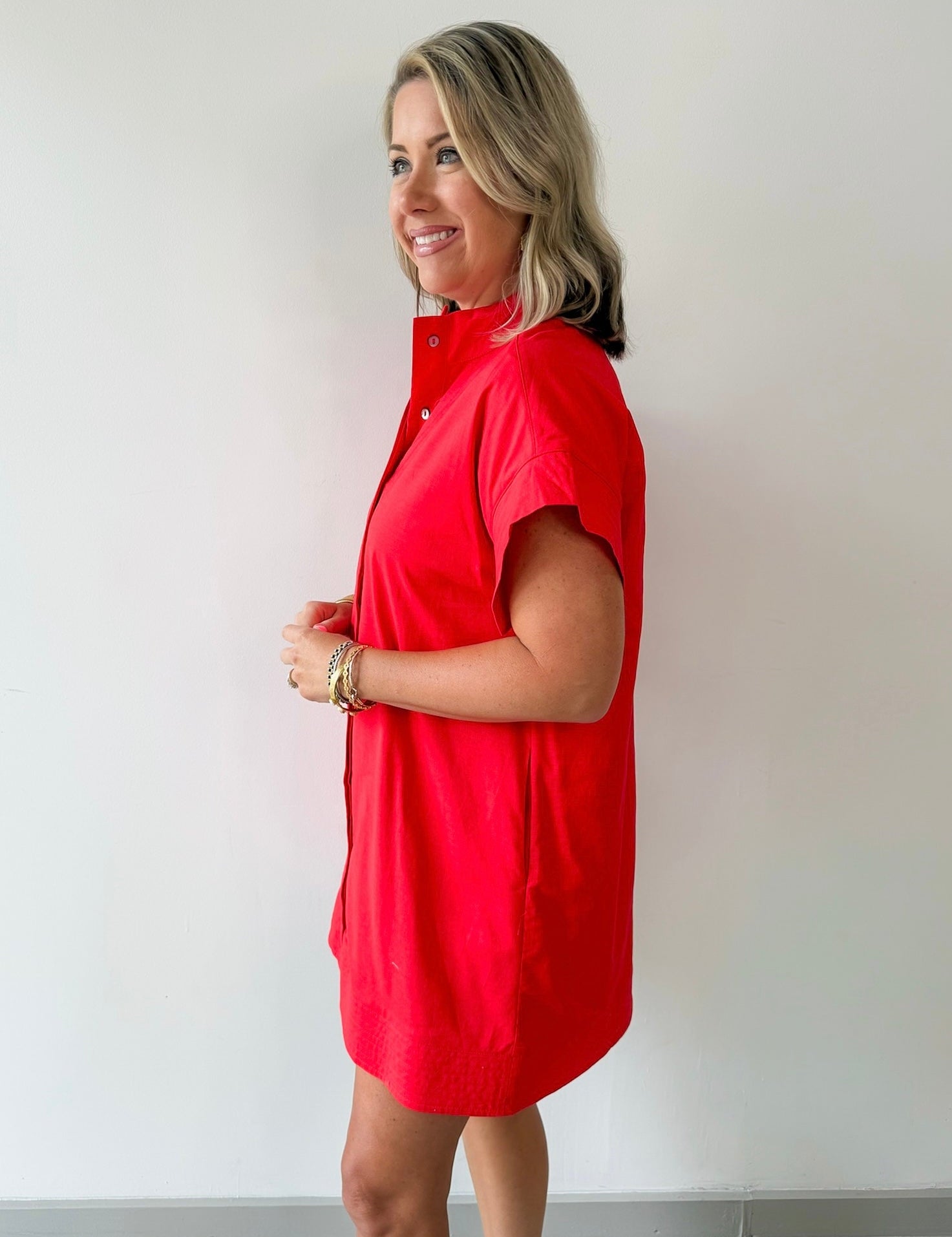 Hidden Button Placket Dress - Red