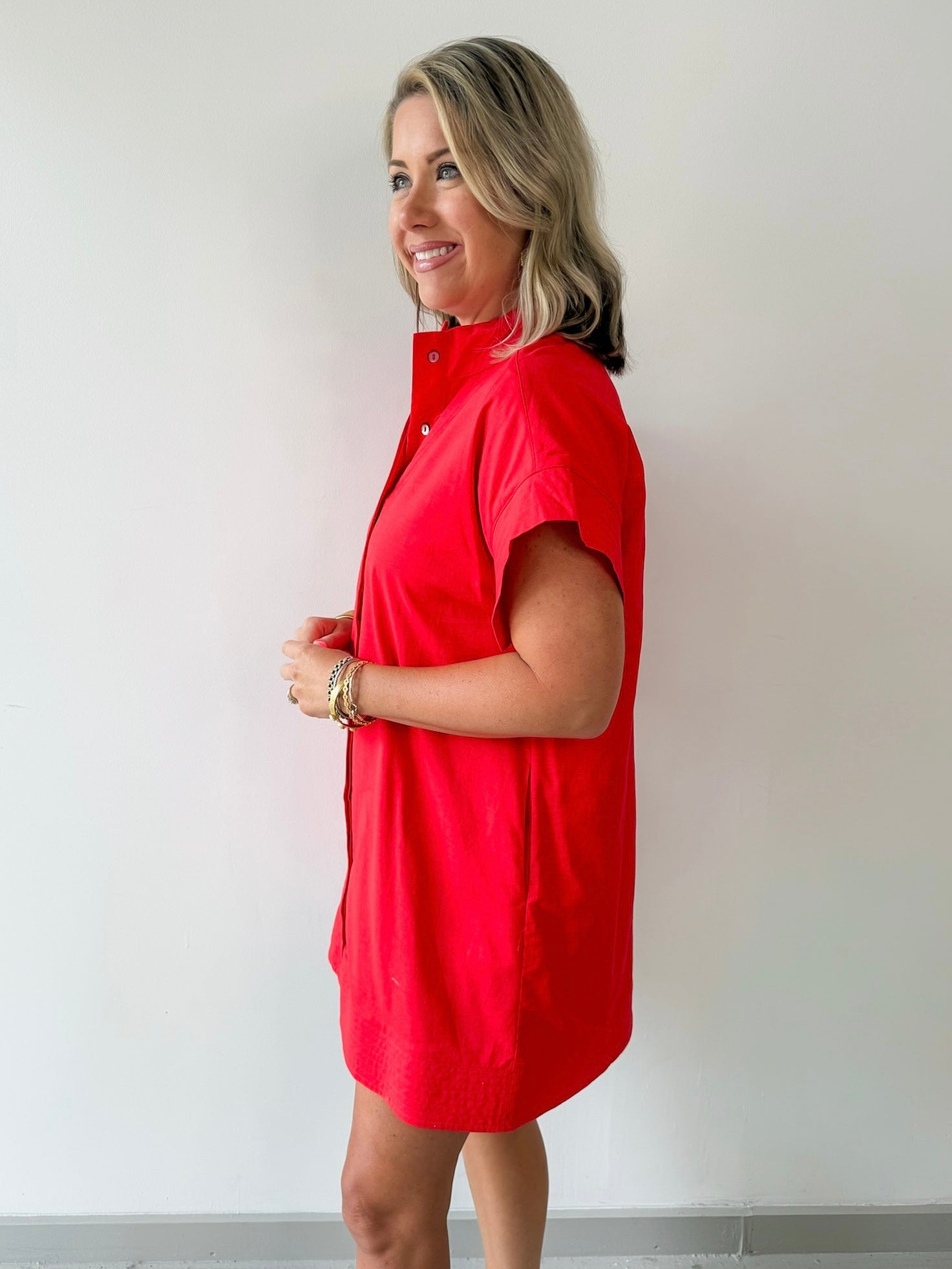 Hidden Button Placket Dress - Red