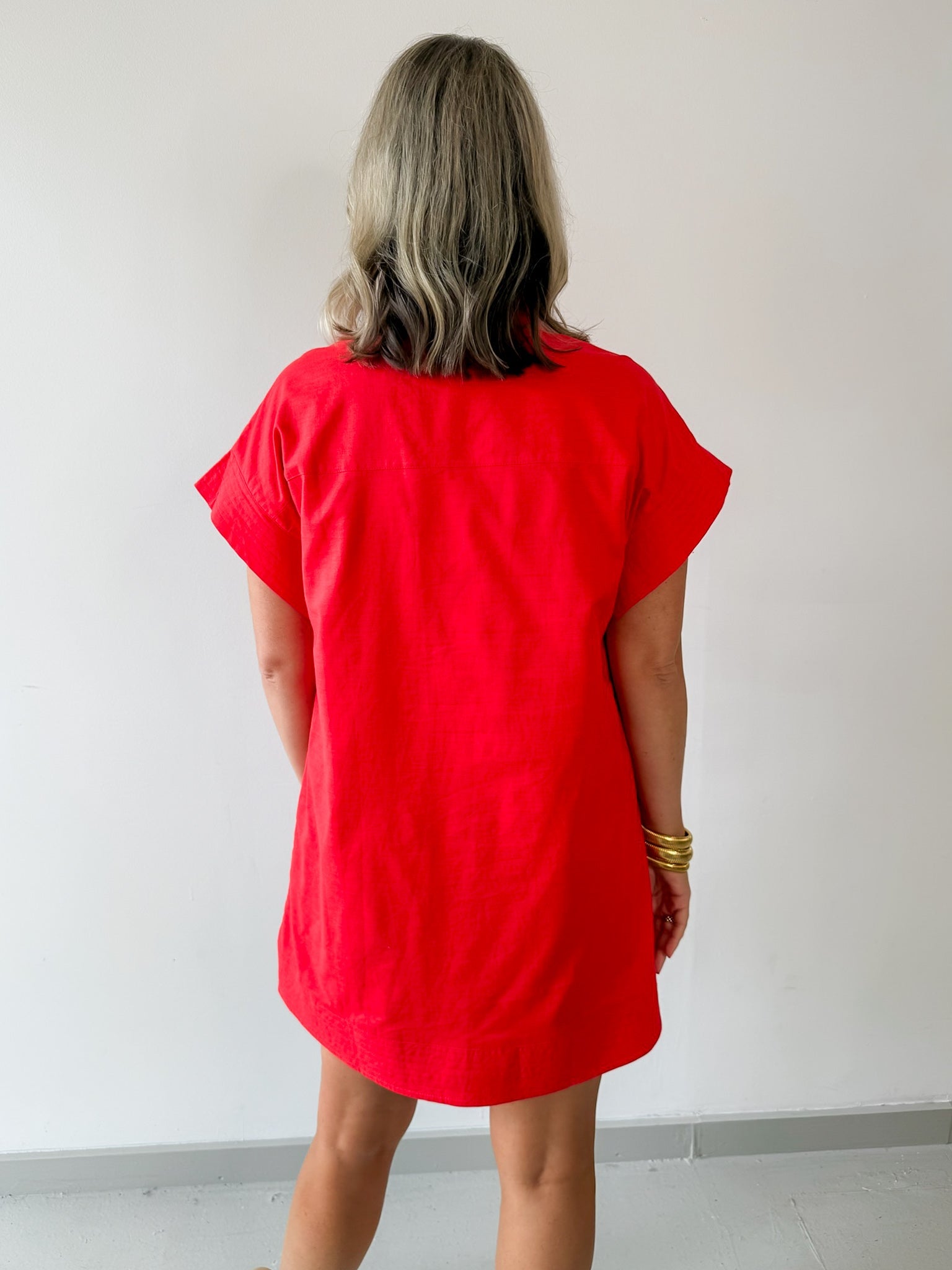 Hidden Button Placket Dress - Red
