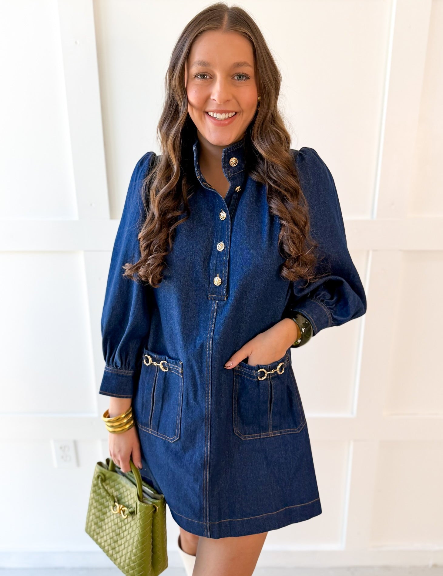 High Collar Long Sleeve Dress - Dark Denim
