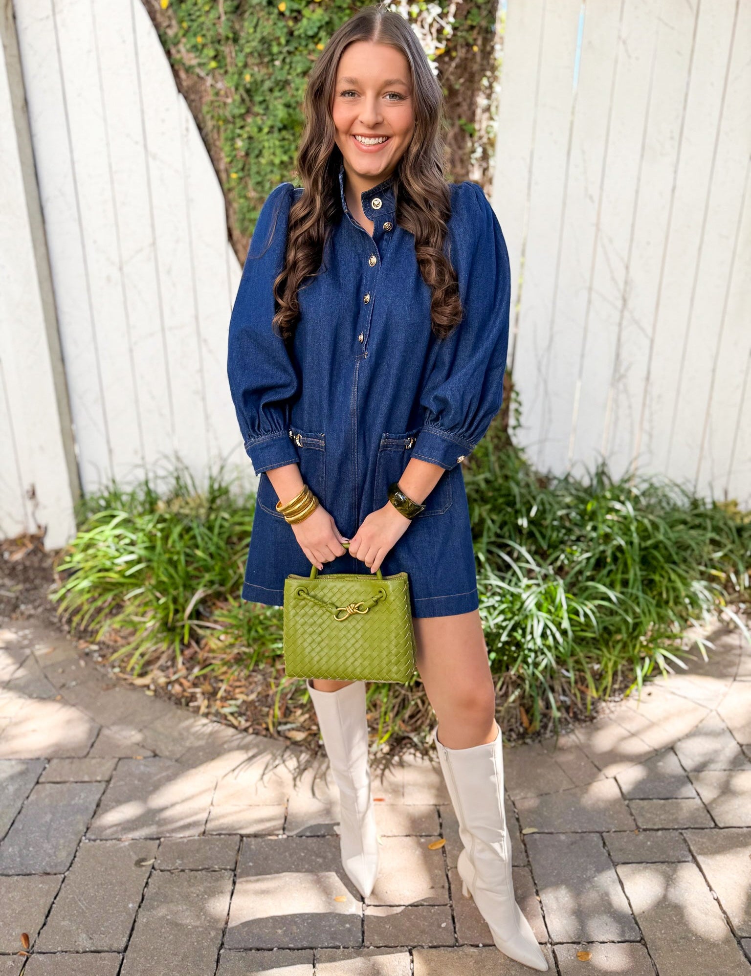 High Collar Long Sleeve Dress - Dark Denim