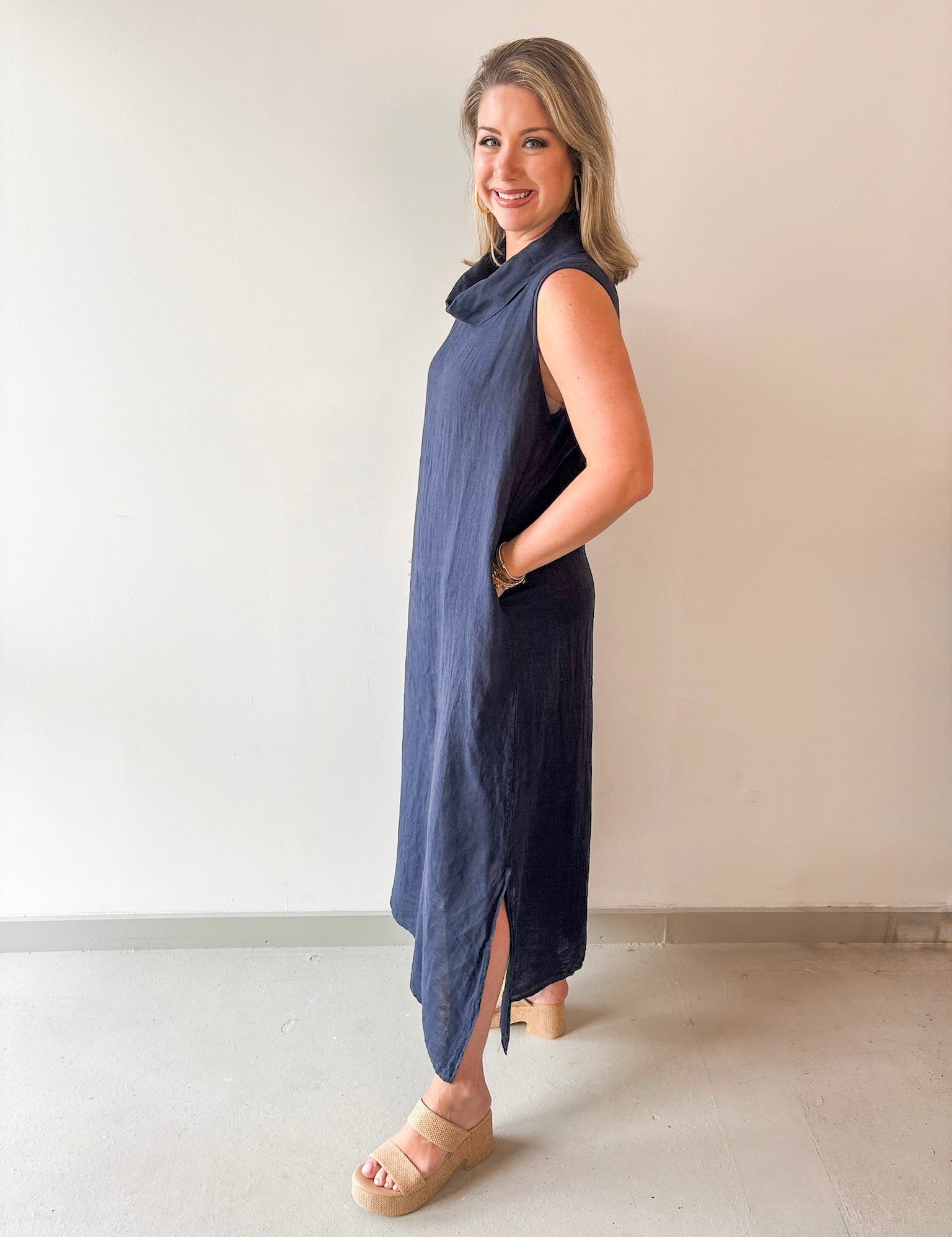 High Cowl Neck Linen Maxi Dress