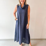 High Cowl Neck Linen Maxi Dress