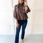 High Neck Billow Top- Brown
