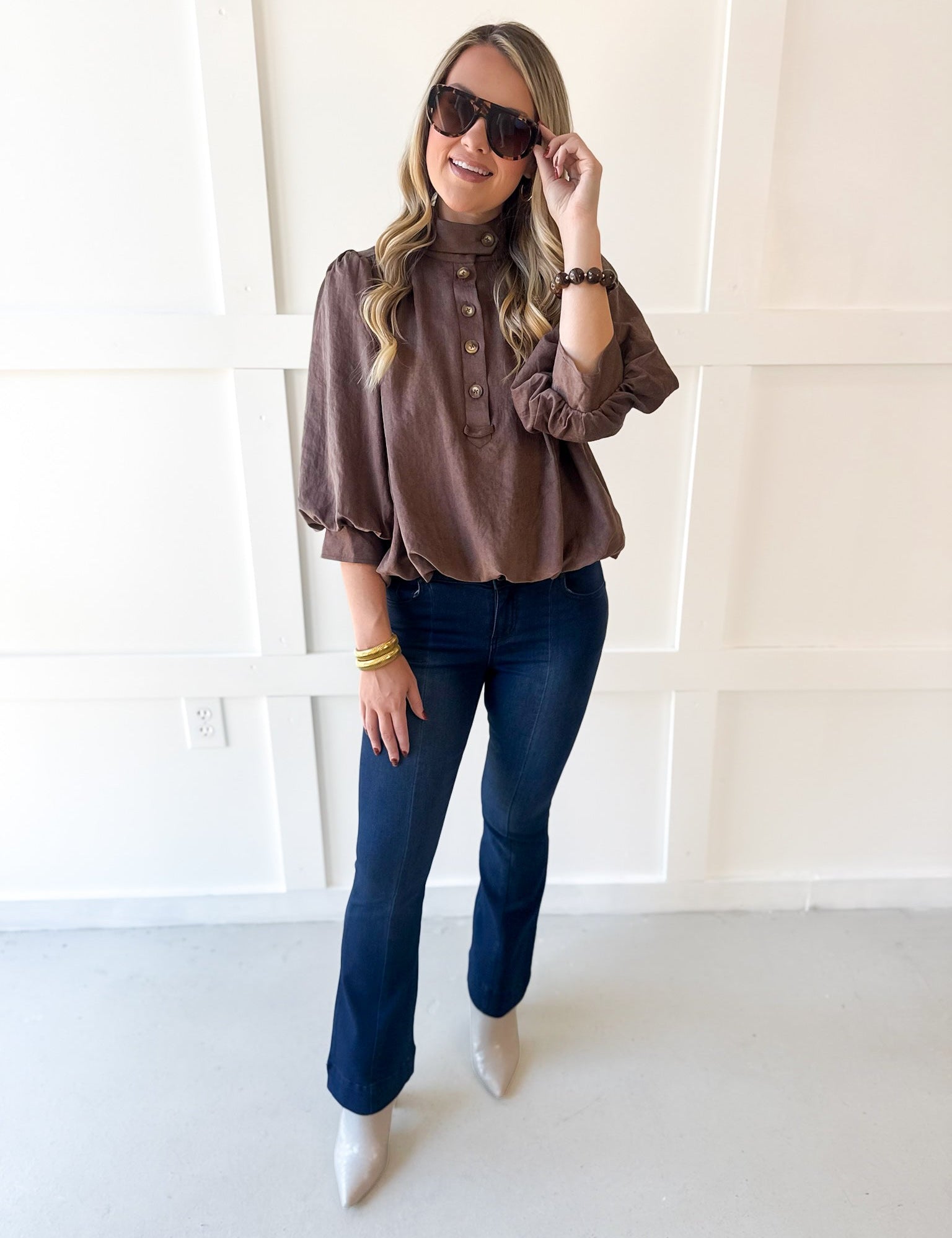 High Neck Billow Top- Brown