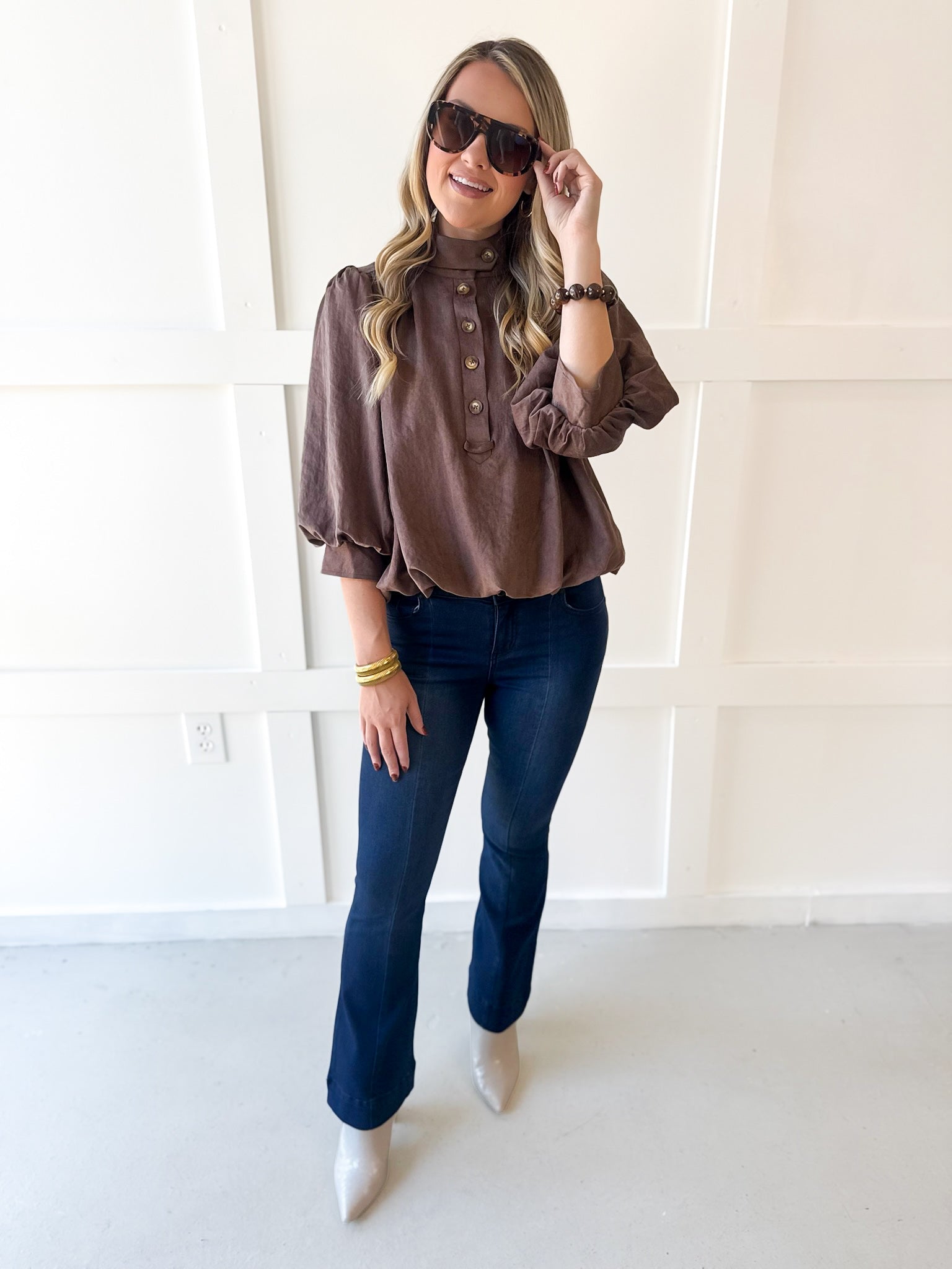 High Neck Billow Top- Brown