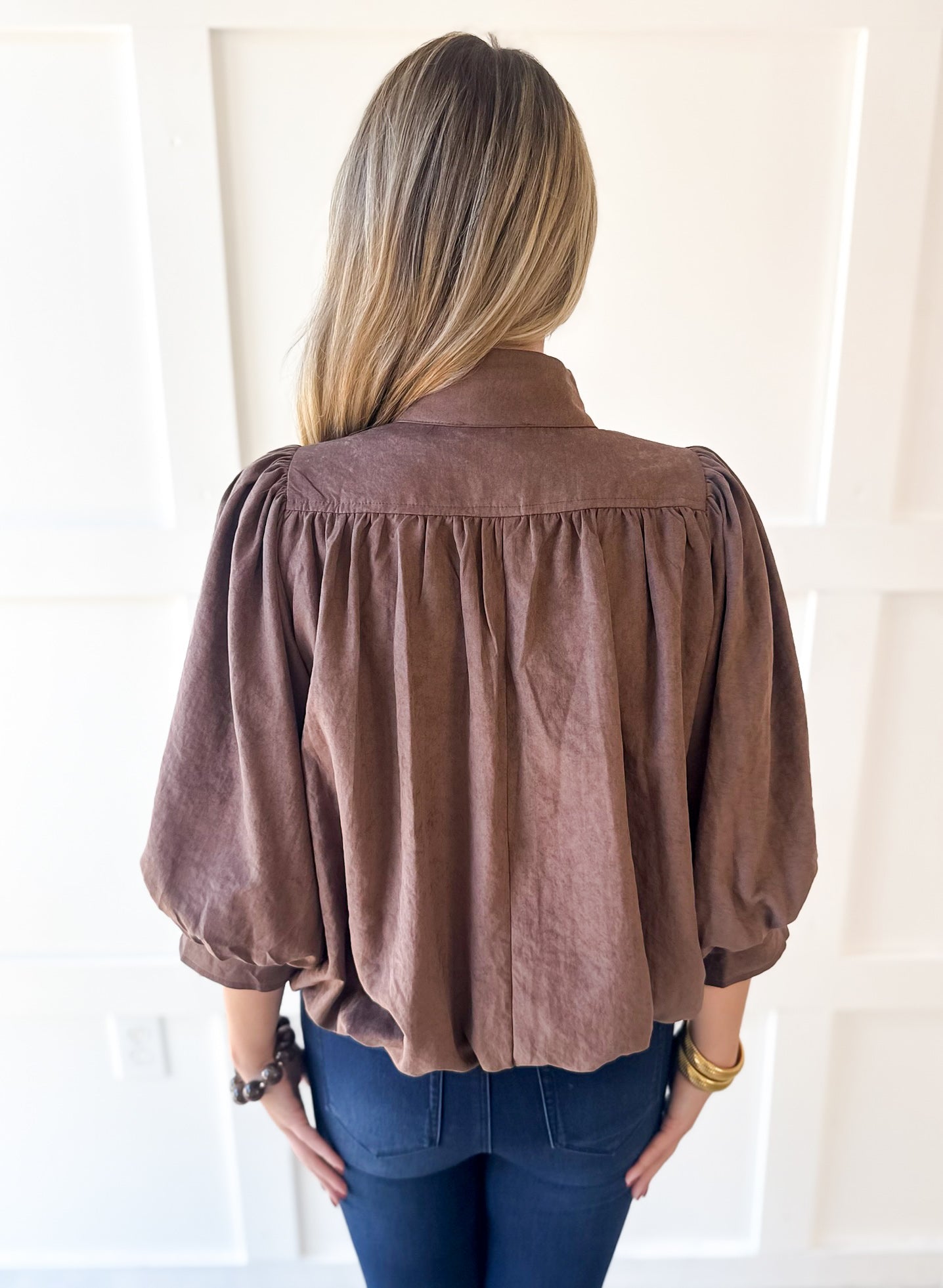 High Neck Billow Top- Brown